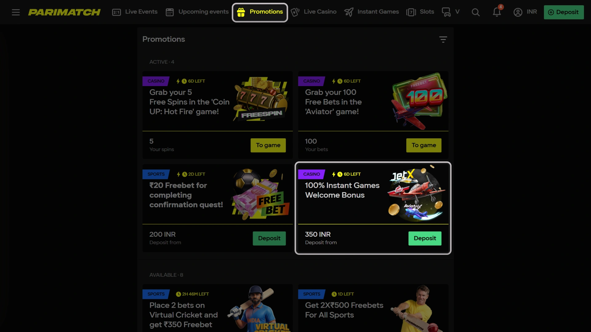 Select the official Parimatch Aviator bonus in your account settings.