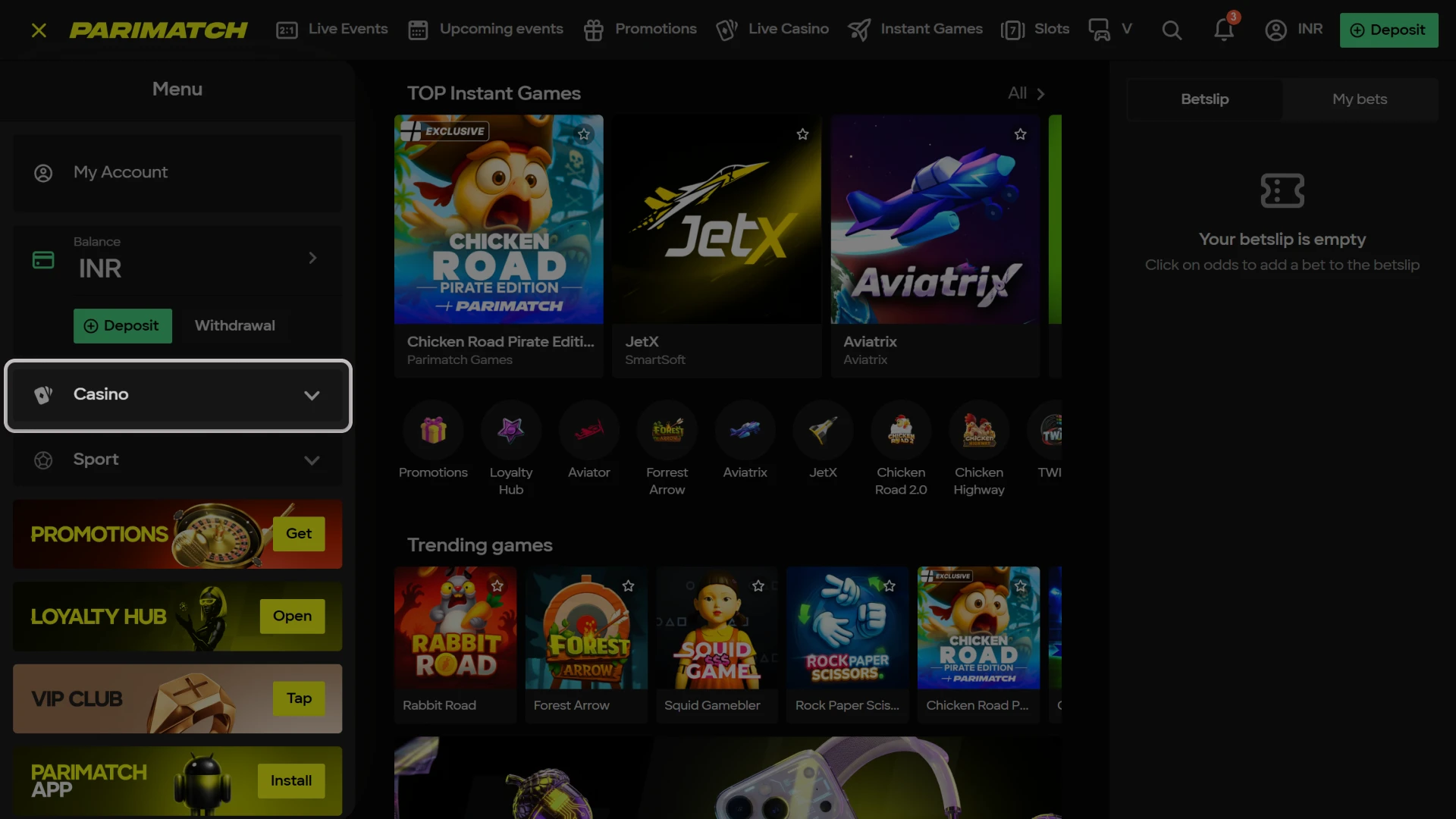 Open official Parimatch casino section to find the Aviator game.