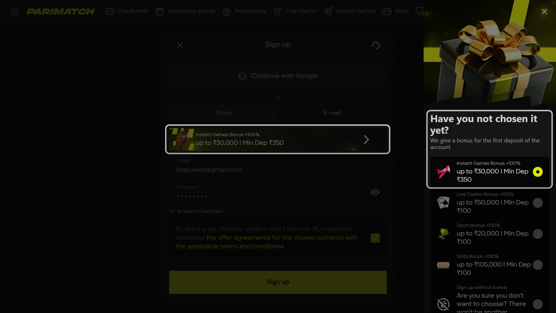 Activate official Parimatch Aviator welcome bonus during your registration process.
