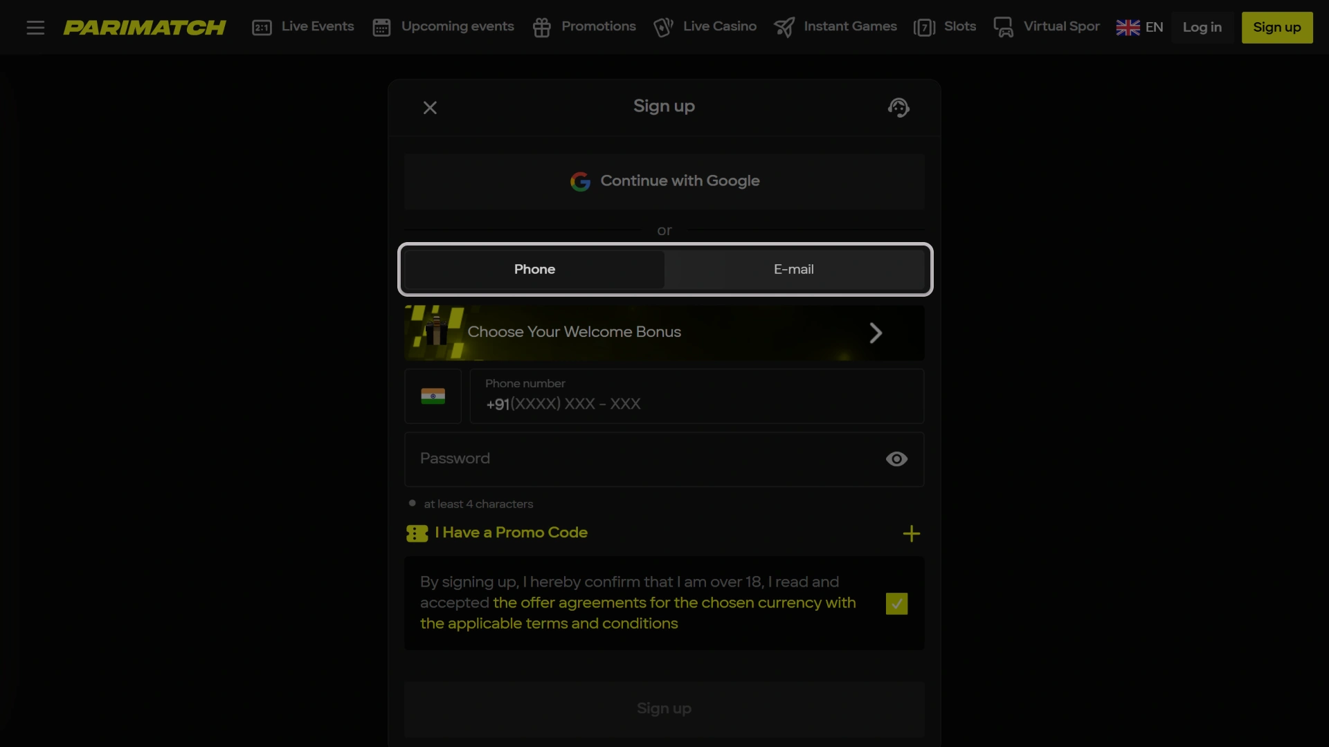 Choose official Parimatch registration method for your new Aviator profile.