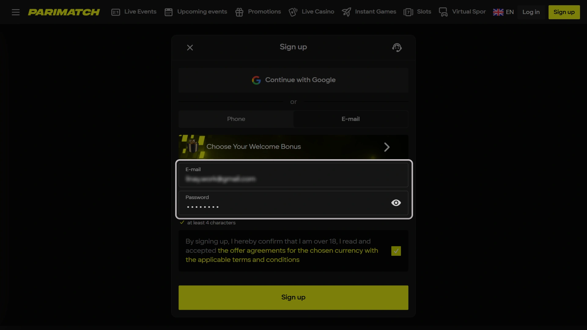 Enter your personal details in official Parimatch Aviator sign-up window.