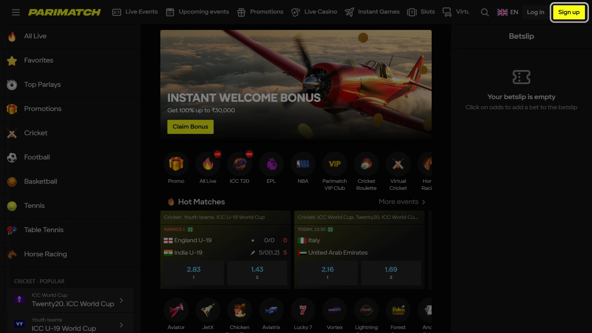 Open official Parimatch registration form to create your Aviator account.